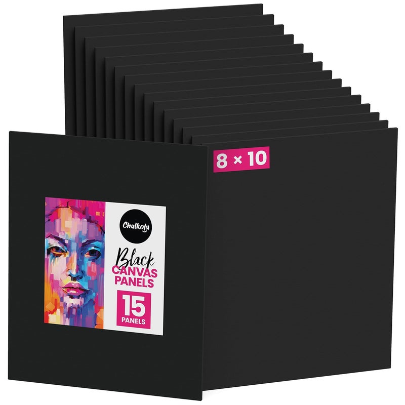Chalkola Black Canvas Panels 8x10 inch (15 Pack) - Black Canvas for Painting Acrylic & Oil Art, Primed 100% Cotton Boards, Acid-Free Canvases for Professional Artists, Hobby Painters, Kids & Beginners - Image 1